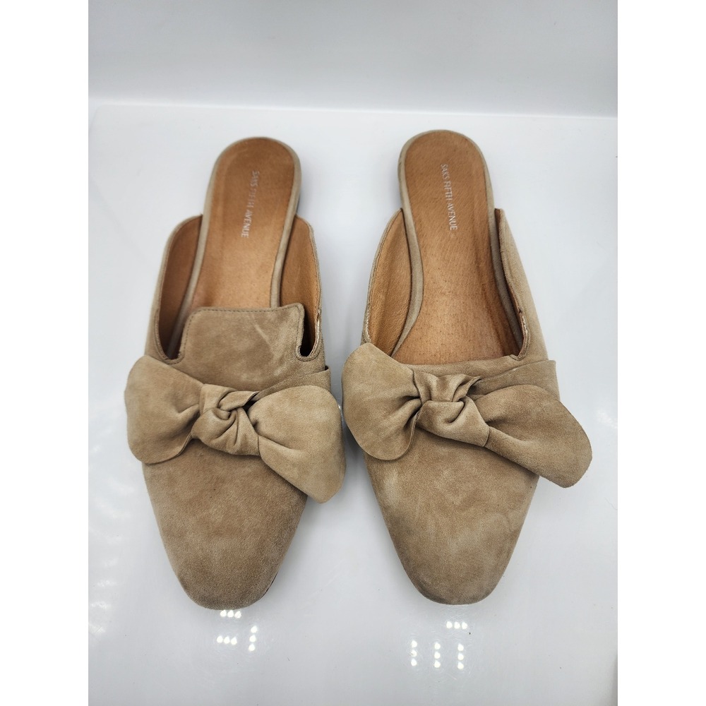 Saks Fifth Avenue Tan Suede Bow Mules Flats Size 10 Made in Spain Beige Slides